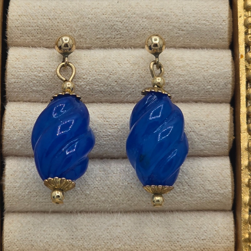 Vintage Cobalt Blue Swirl Earrings 14K GF Post Dangle Signed